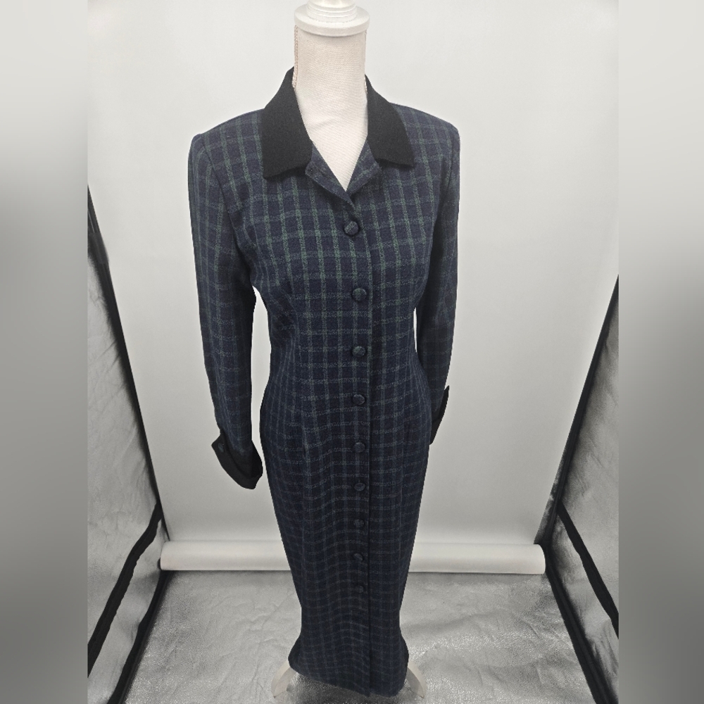 Rebecca Thomas Navy Green Plaid Maxi Dress Vintage Size 8 (7856)